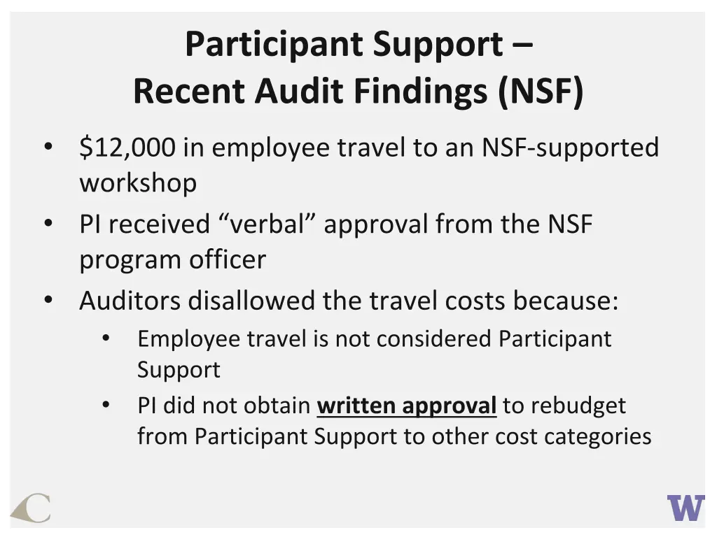 participant support recent audit findings nsf