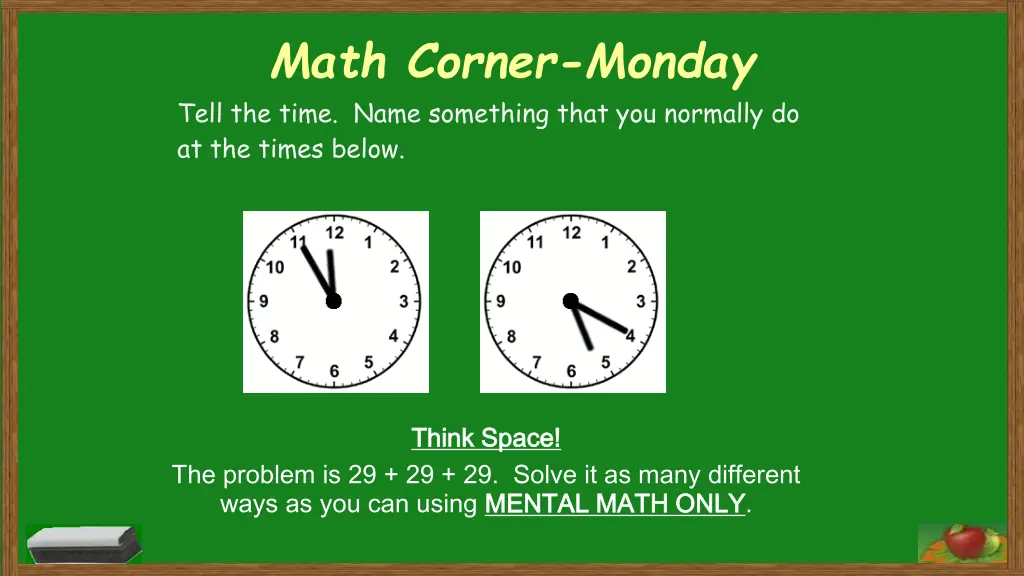 math corner monday tell the time name something