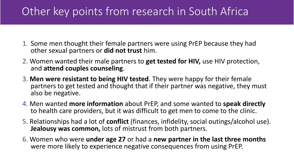 other key points from research in south africa