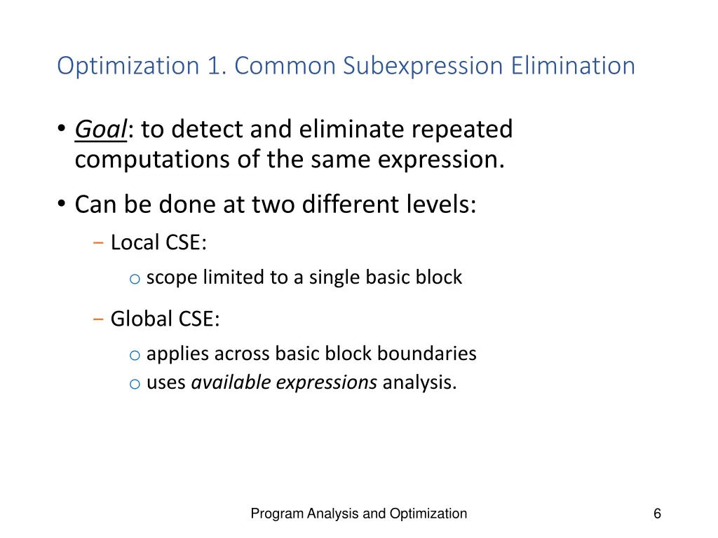 optimization 1 common subexpression elimination