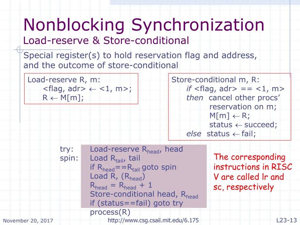nonblocking synchronization load reserve store