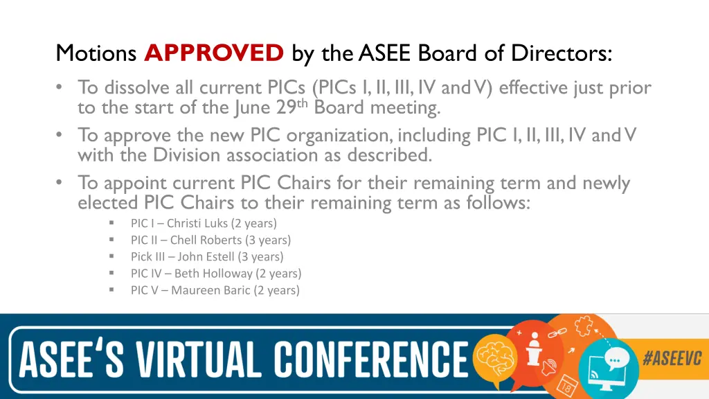 motions approved by the asee board of directors
