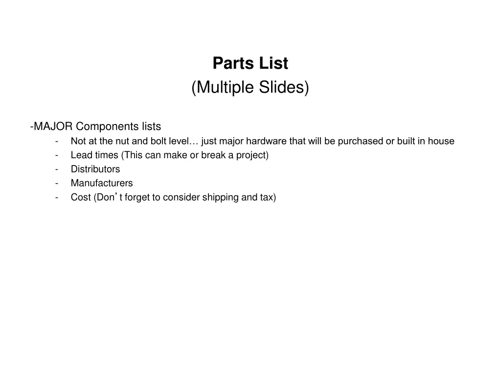 parts list multiple slides