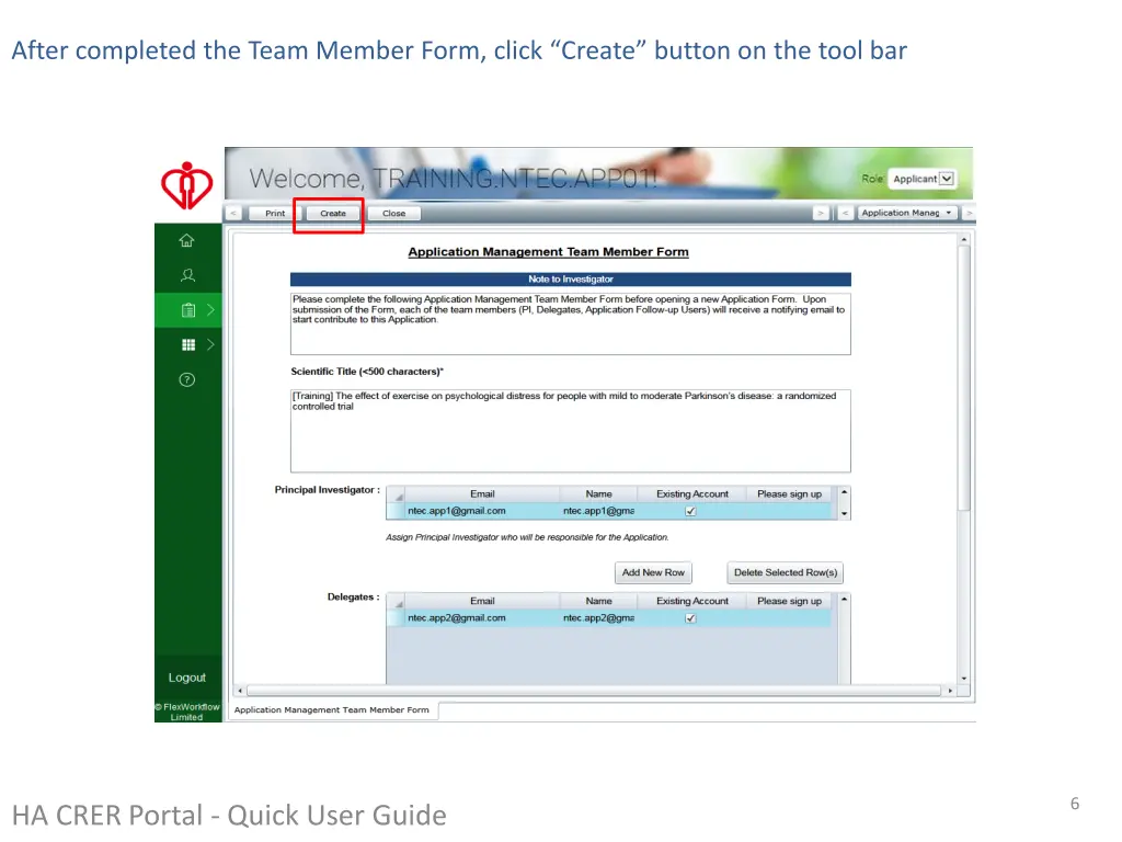 after completed the team member form click create