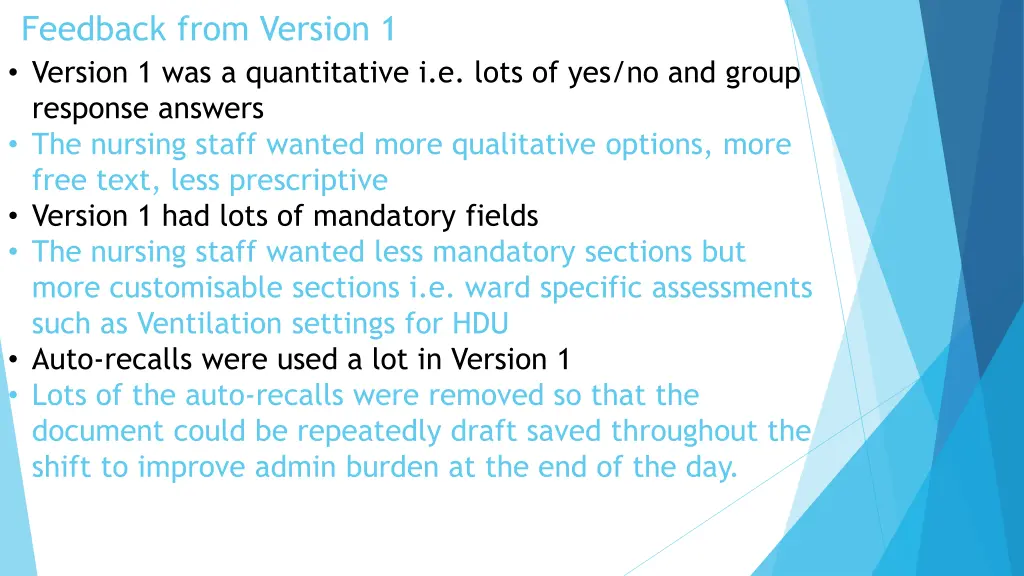feedback from version 1 version