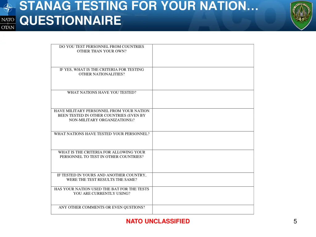 stanag testing for your nation questionnaire