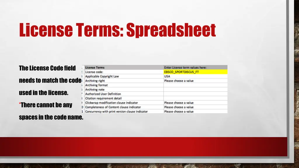 license terms spreadsheet