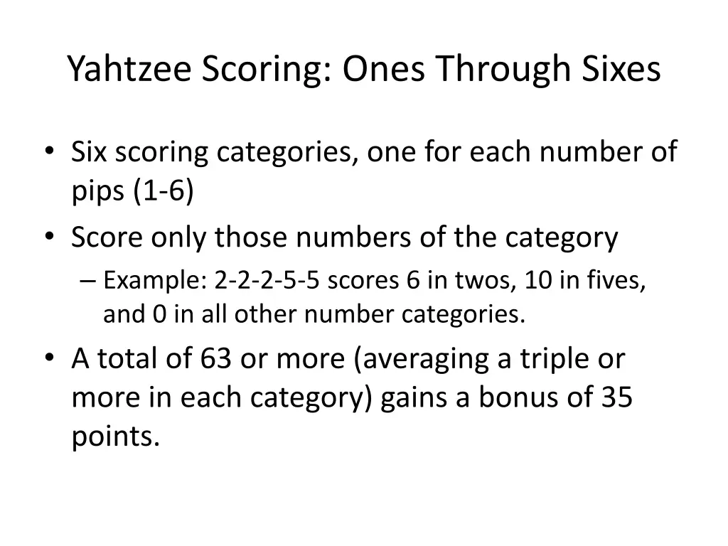 yahtzee scoring ones through sixes