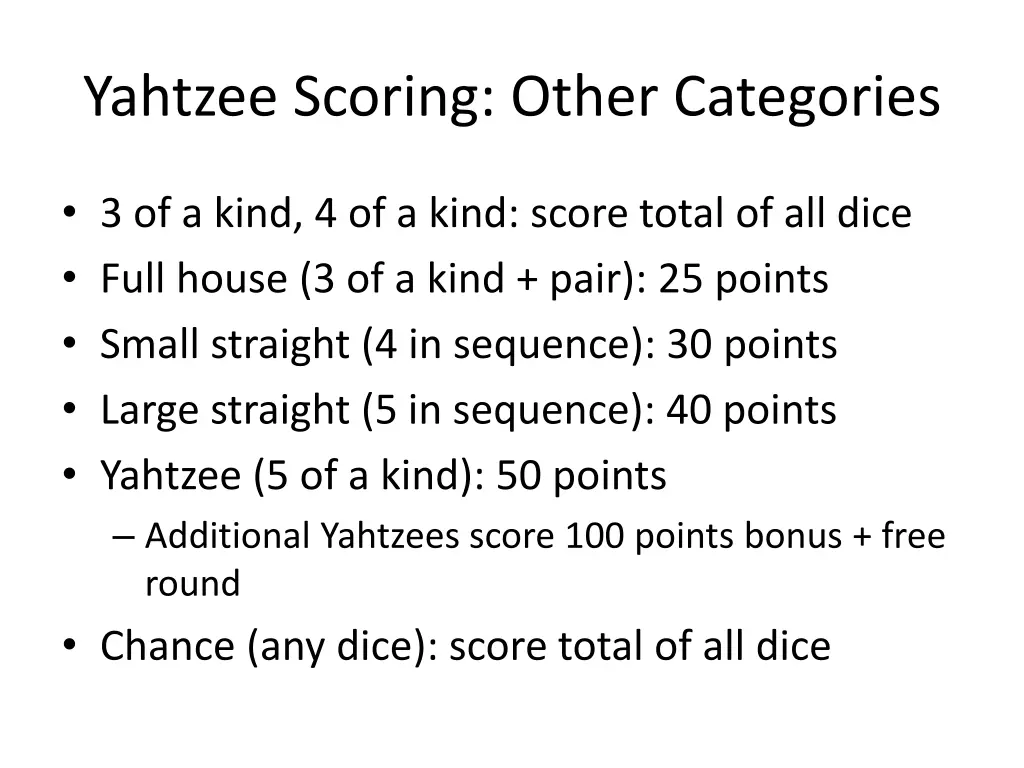 yahtzee scoring other categories