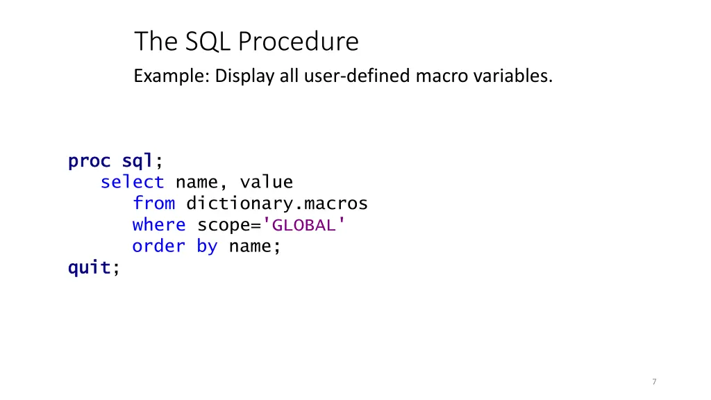 the sql procedure example display all user