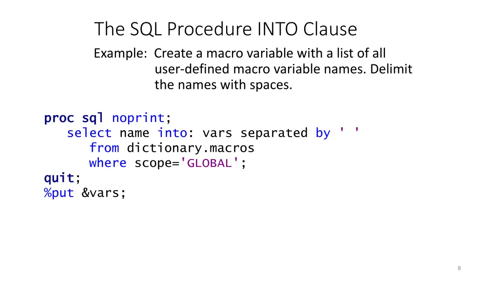 the sql procedure into clause example create