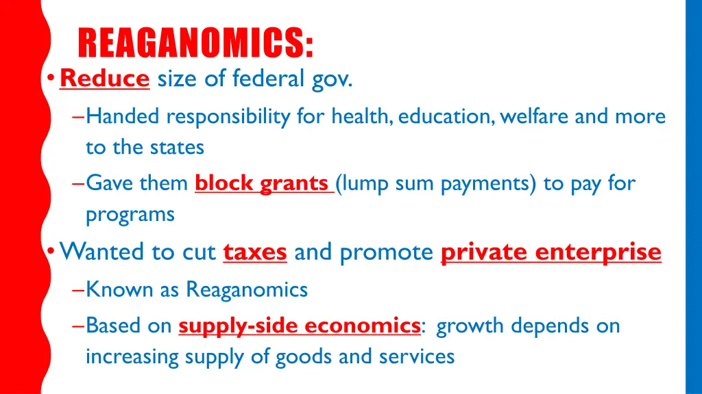 reaganomics reduce size of federal gov handed