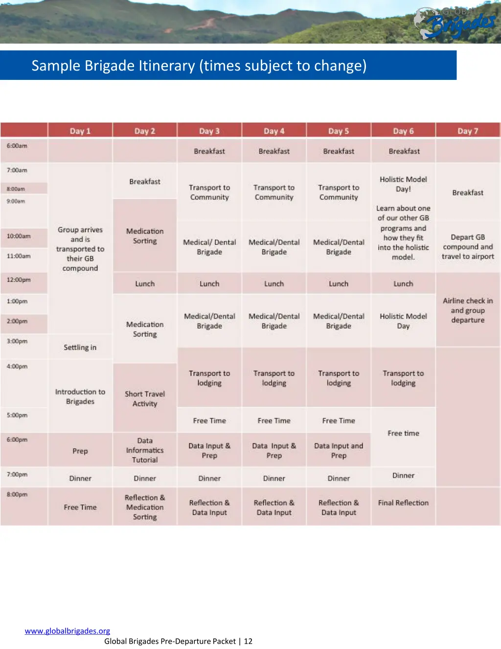 sample brigade itinerary times subject to change