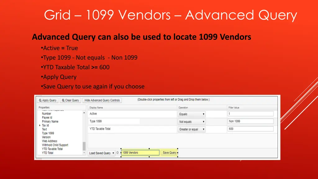 grid 1099 vendors advanced query