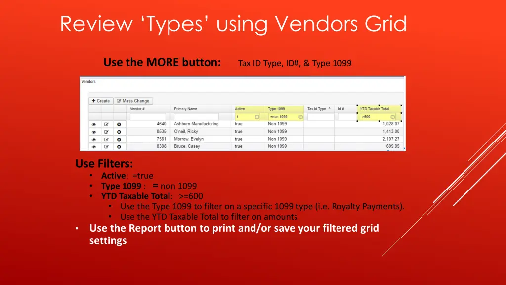 review types using vendors grid