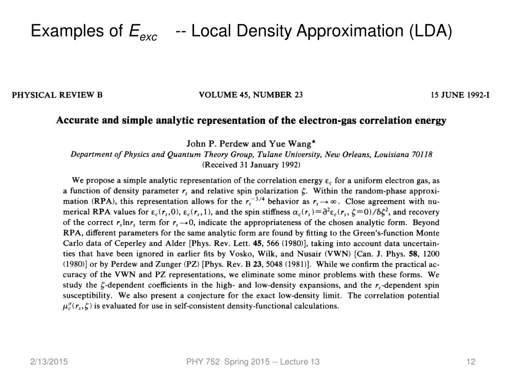examples of e exc local density approximation lda