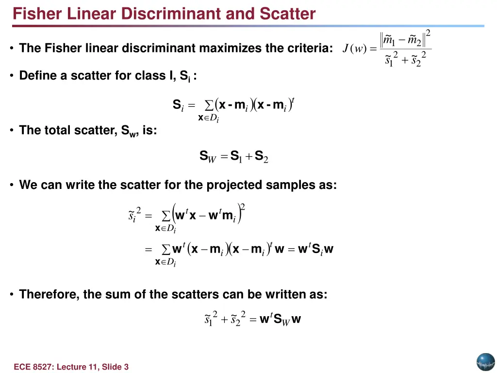 fisher linear discriminant and scatter