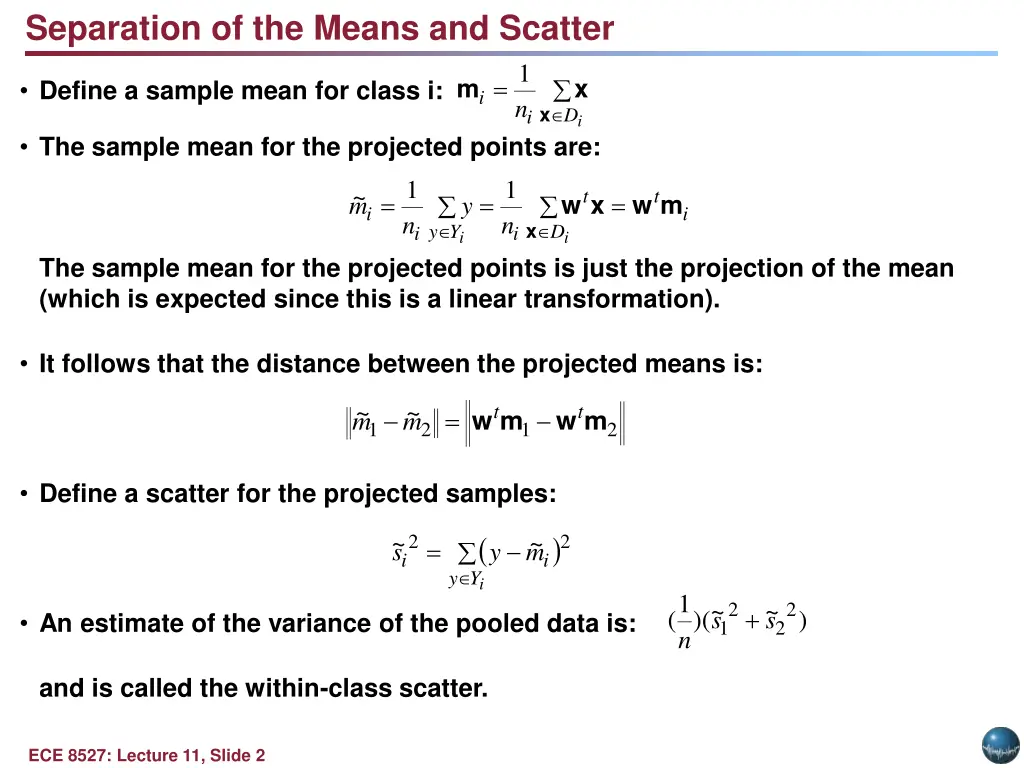 separation of the means and scatter
