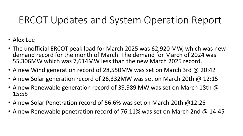ercot updates and system operation report