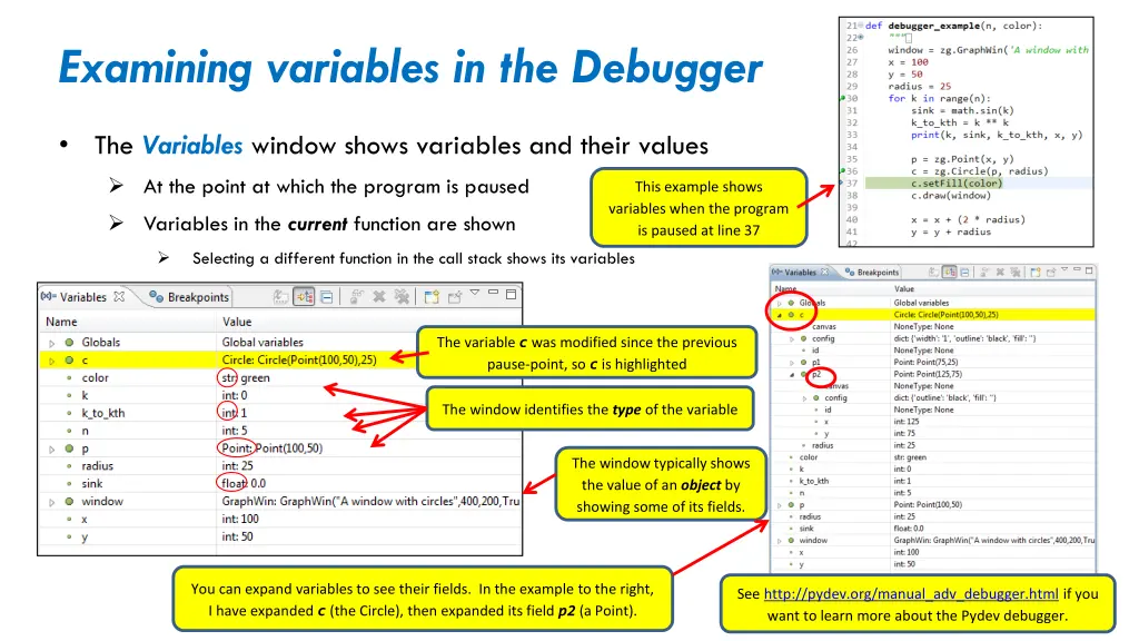 examining variables in the debugger