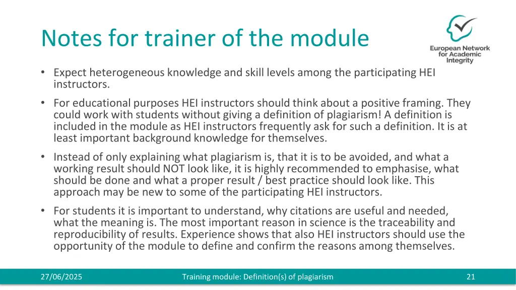 notes for trainer of the module