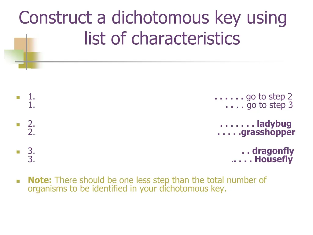 construct a dichotomous key using list