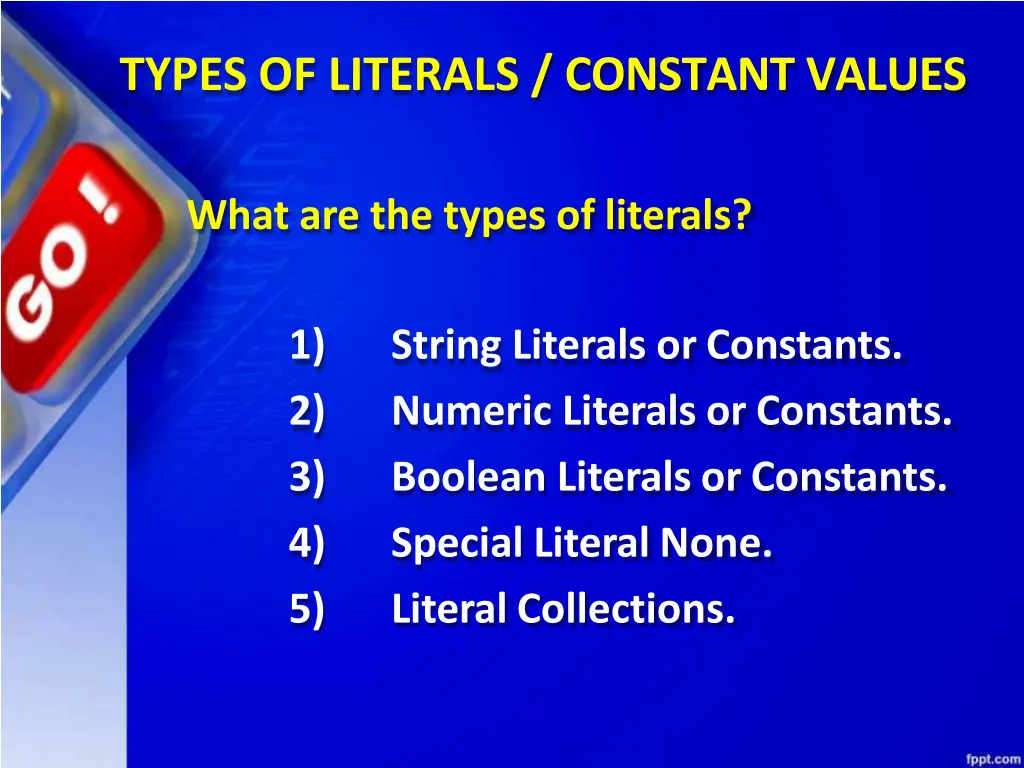 types of literals constant values