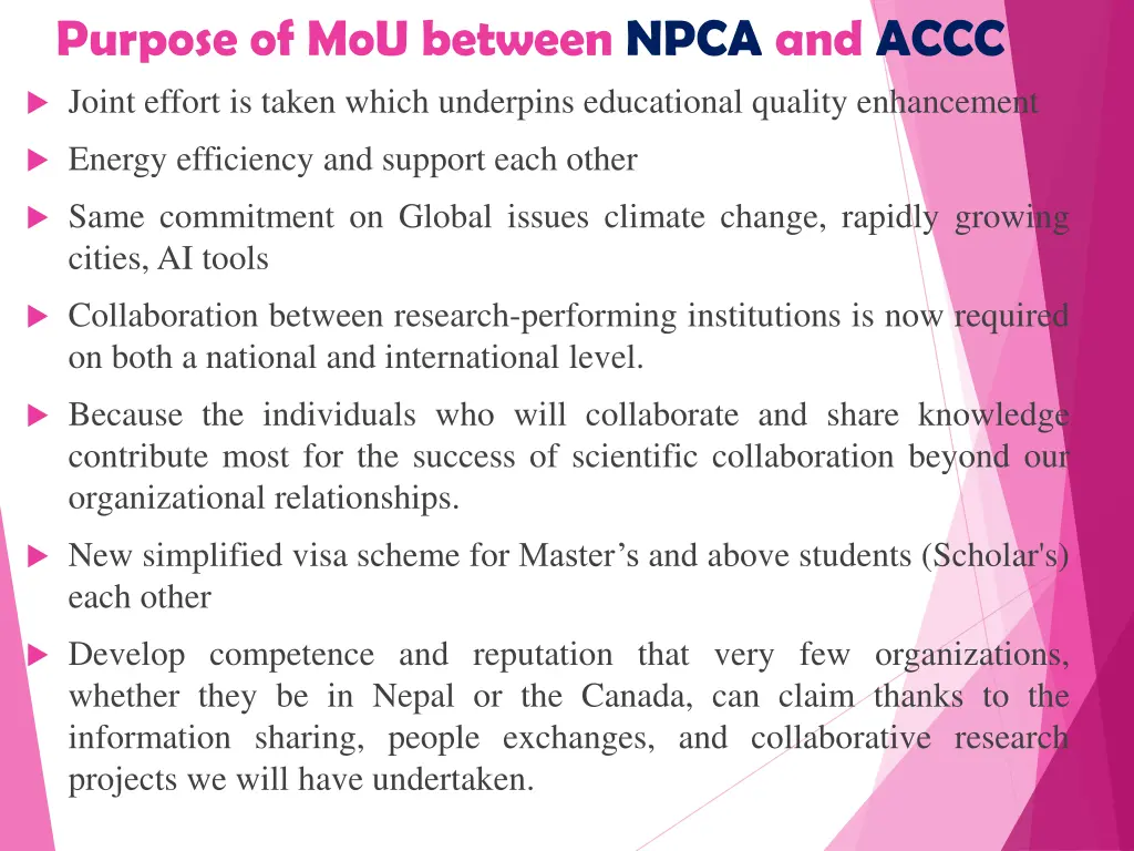 purpose of mou between npca and accc