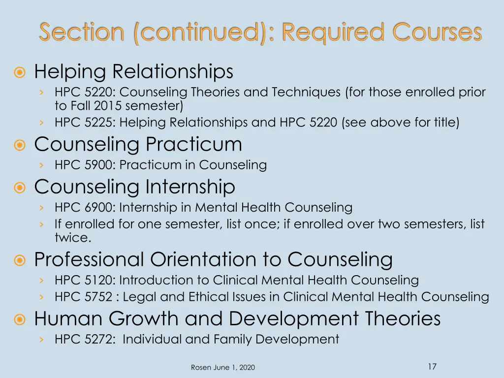 section continued required courses