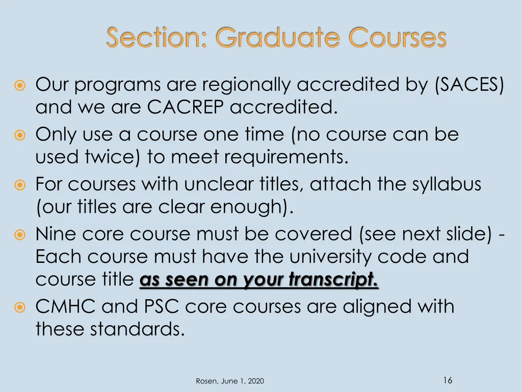 section graduate courses