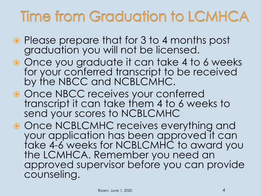 time from graduation to lcmhca
