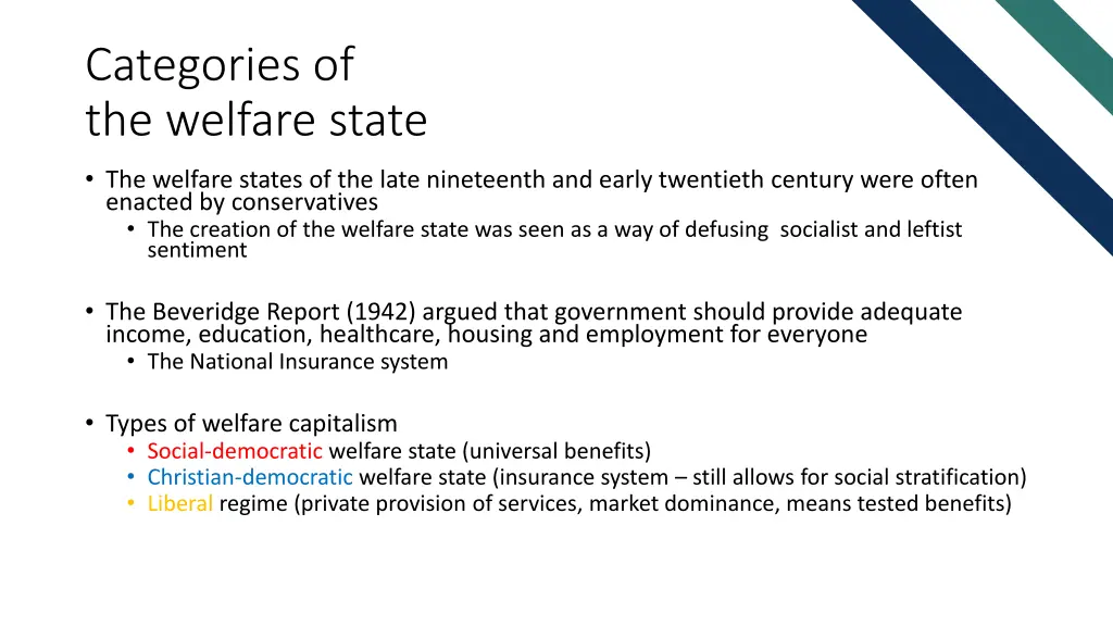 categories of the welfare state