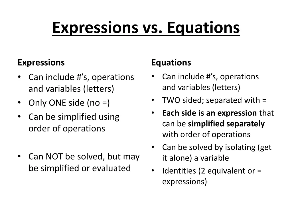 expressions vs equations