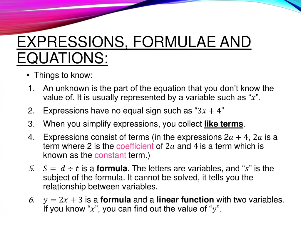 expressions formulae and equations things to know