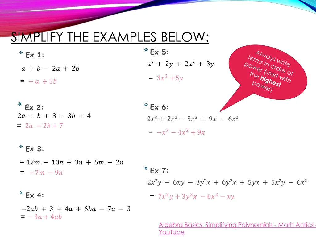 simplify the examples below