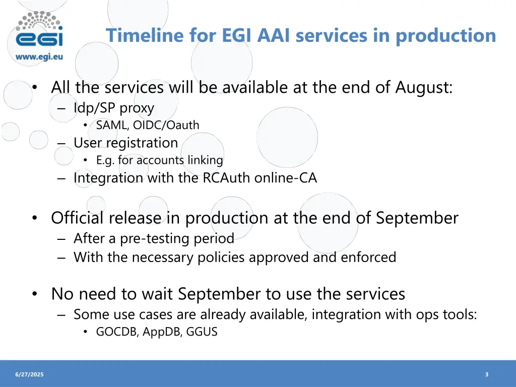timeline for egi aai services in production