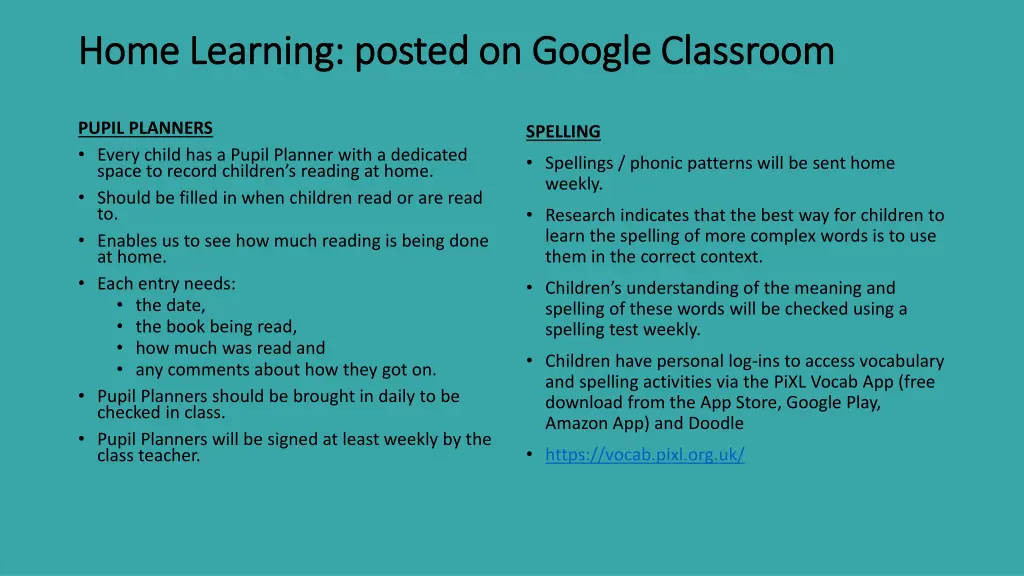 home learning posted on google classroom home