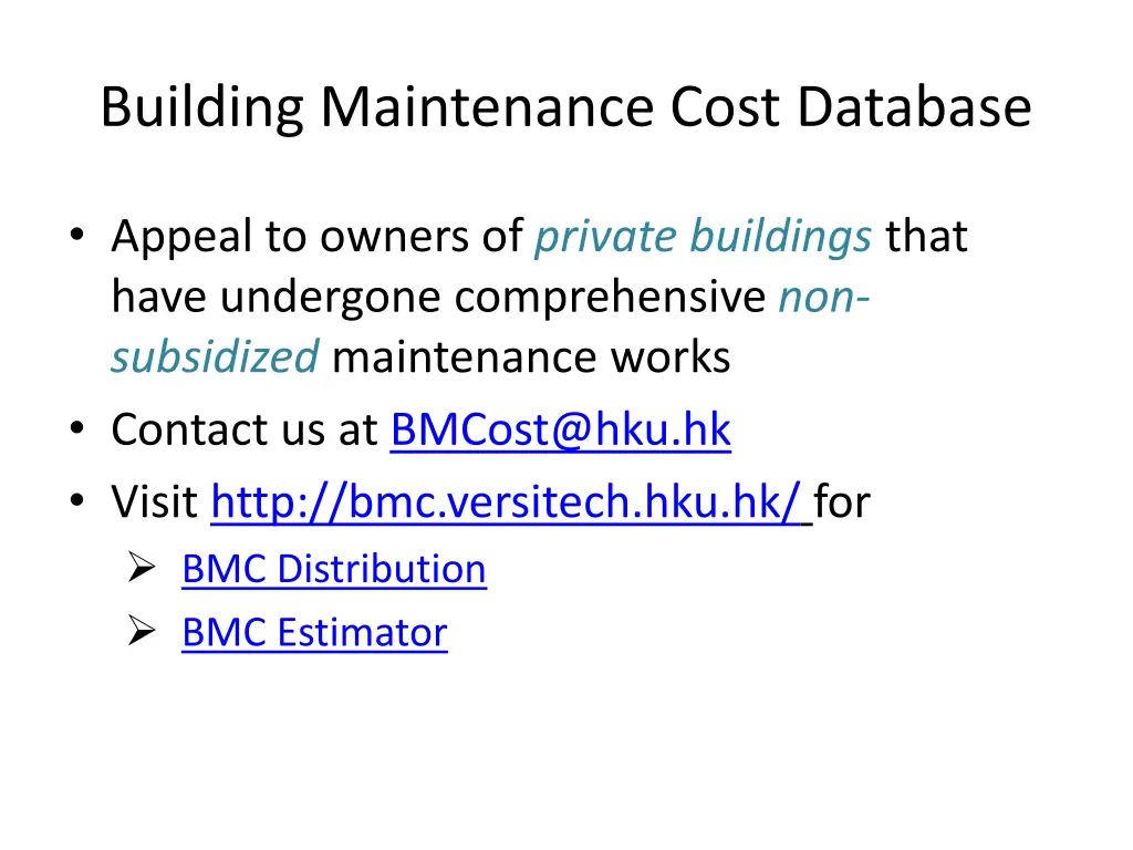 building maintenance cost database