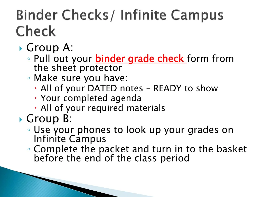 group a pull out your binder grade check