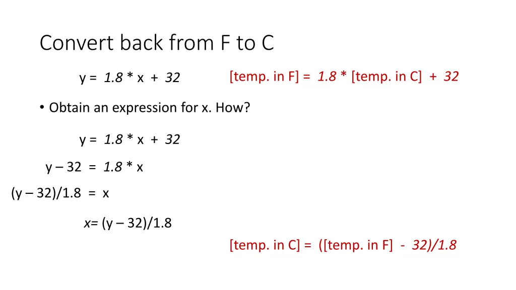 convert back from f to c