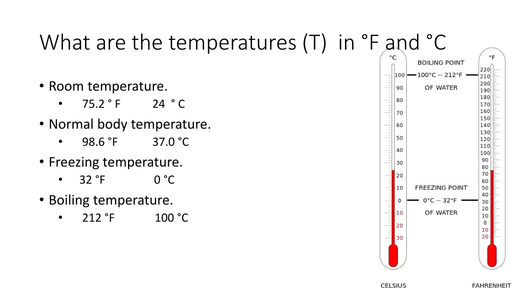 what are the temperatures t in f and c