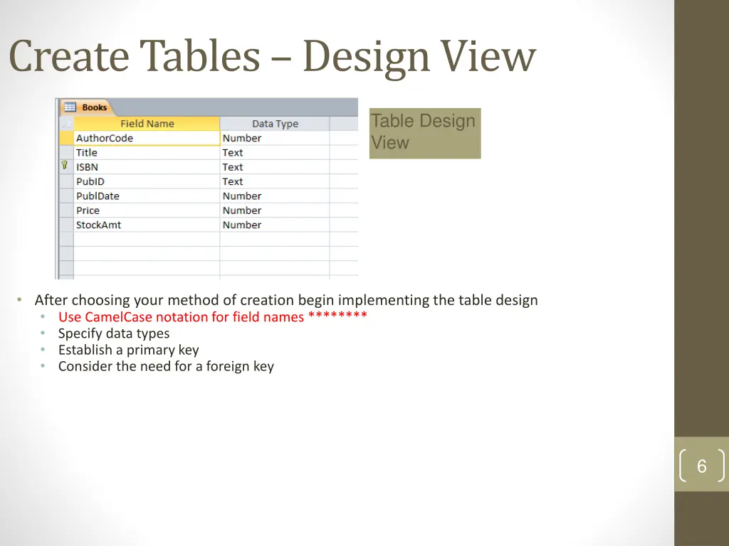 create tables design view