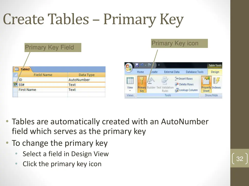 create tables primary key