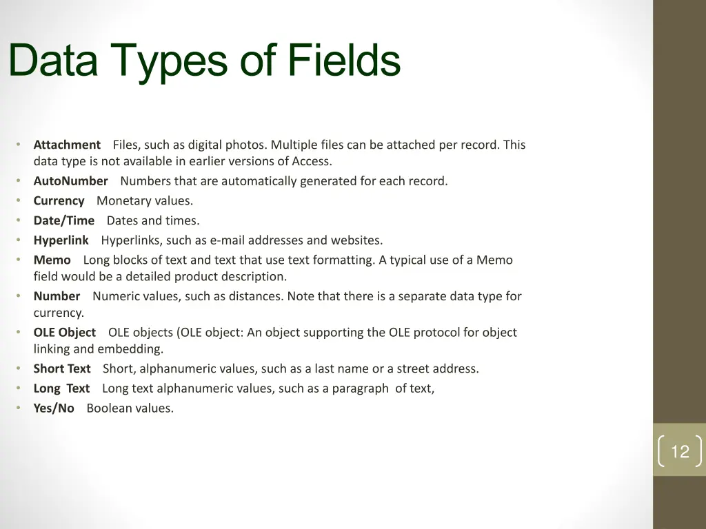 data types of fields