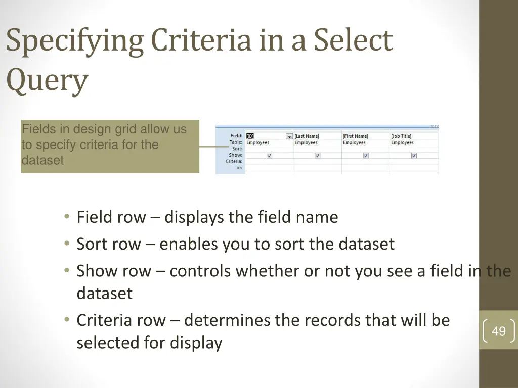 specifying criteria in a select query