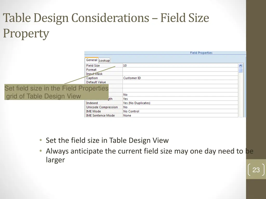 table design considerations field size property