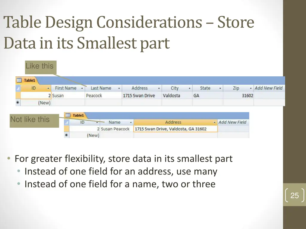table design considerations store data
