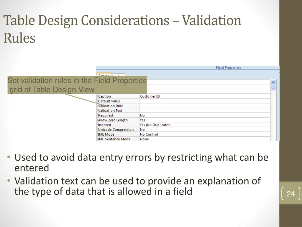 table design considerations validation rules