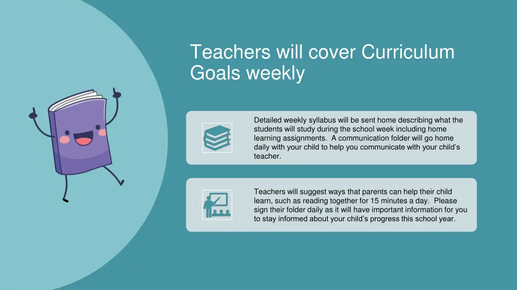teachers will cover curriculum goals weekly