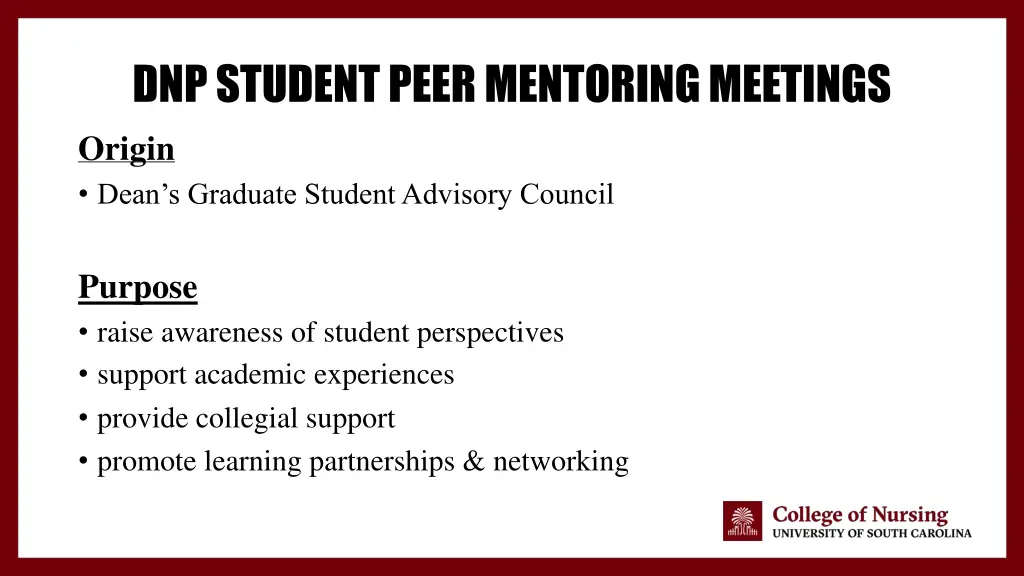 dnp student peer mentoring meetings origin dean